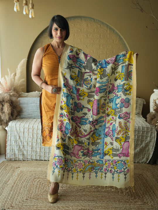 The Dance Of Ganesha - Handpainted Kalamkari Dupata