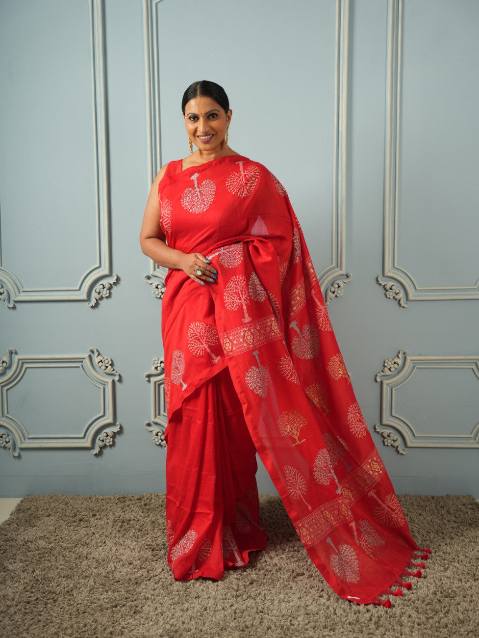 Red Tree of Life-Handblock Cotton Saree