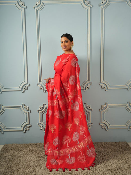 Red Tree of Life-Handblock Cotton Saree