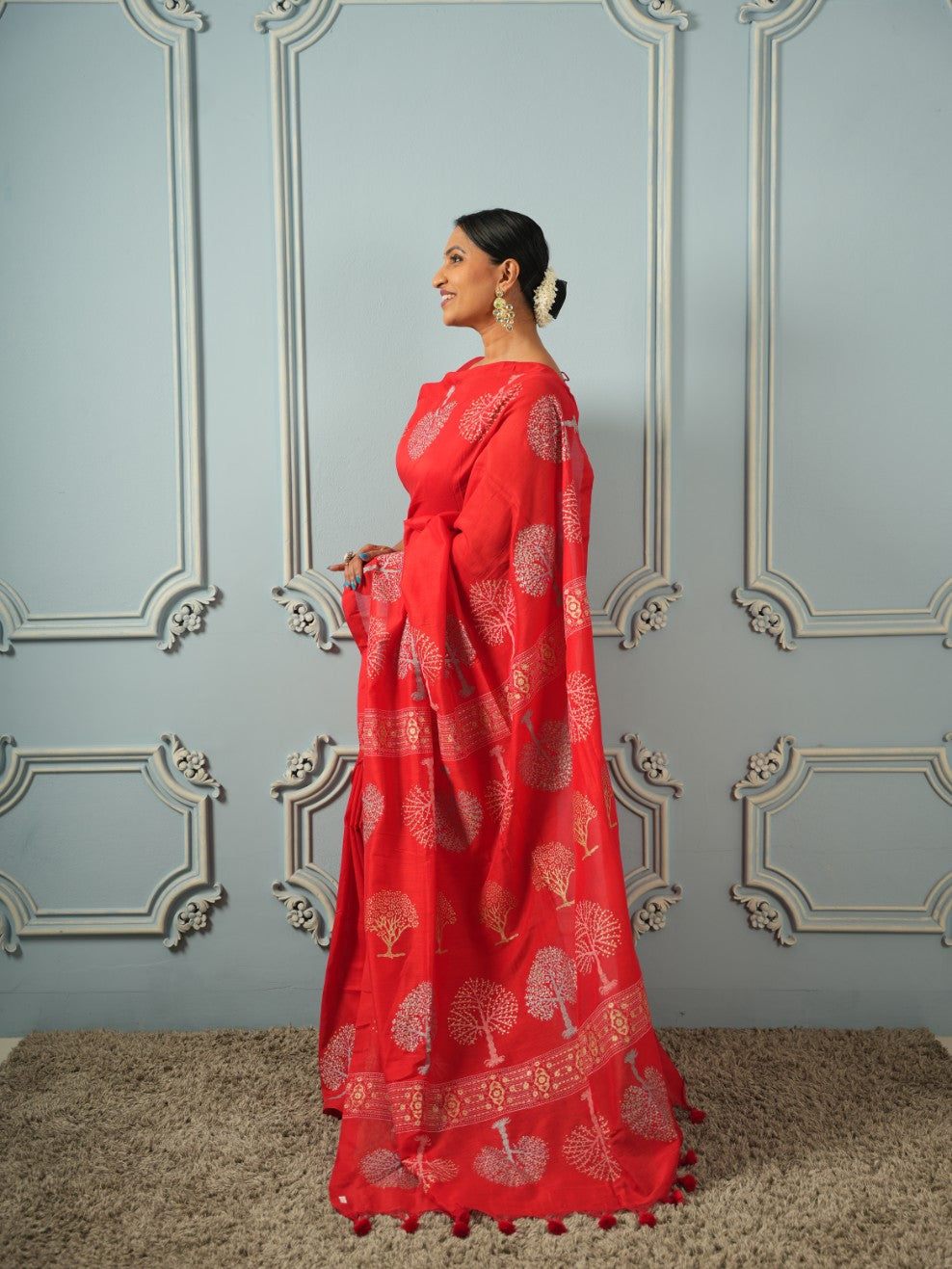 Red Tree of Life-Handblock Cotton Saree