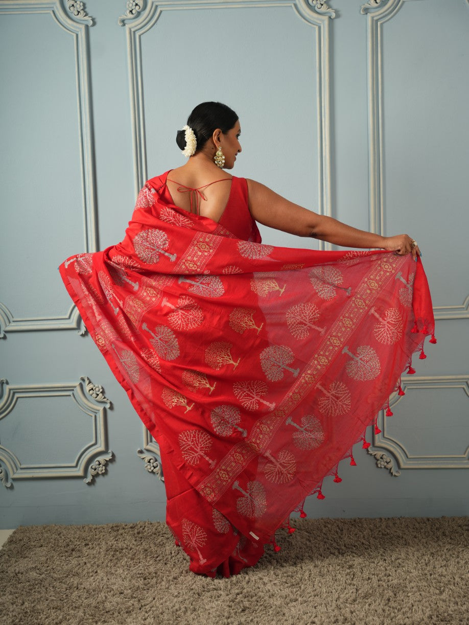Red Tree of Life-Handblock Cotton Saree