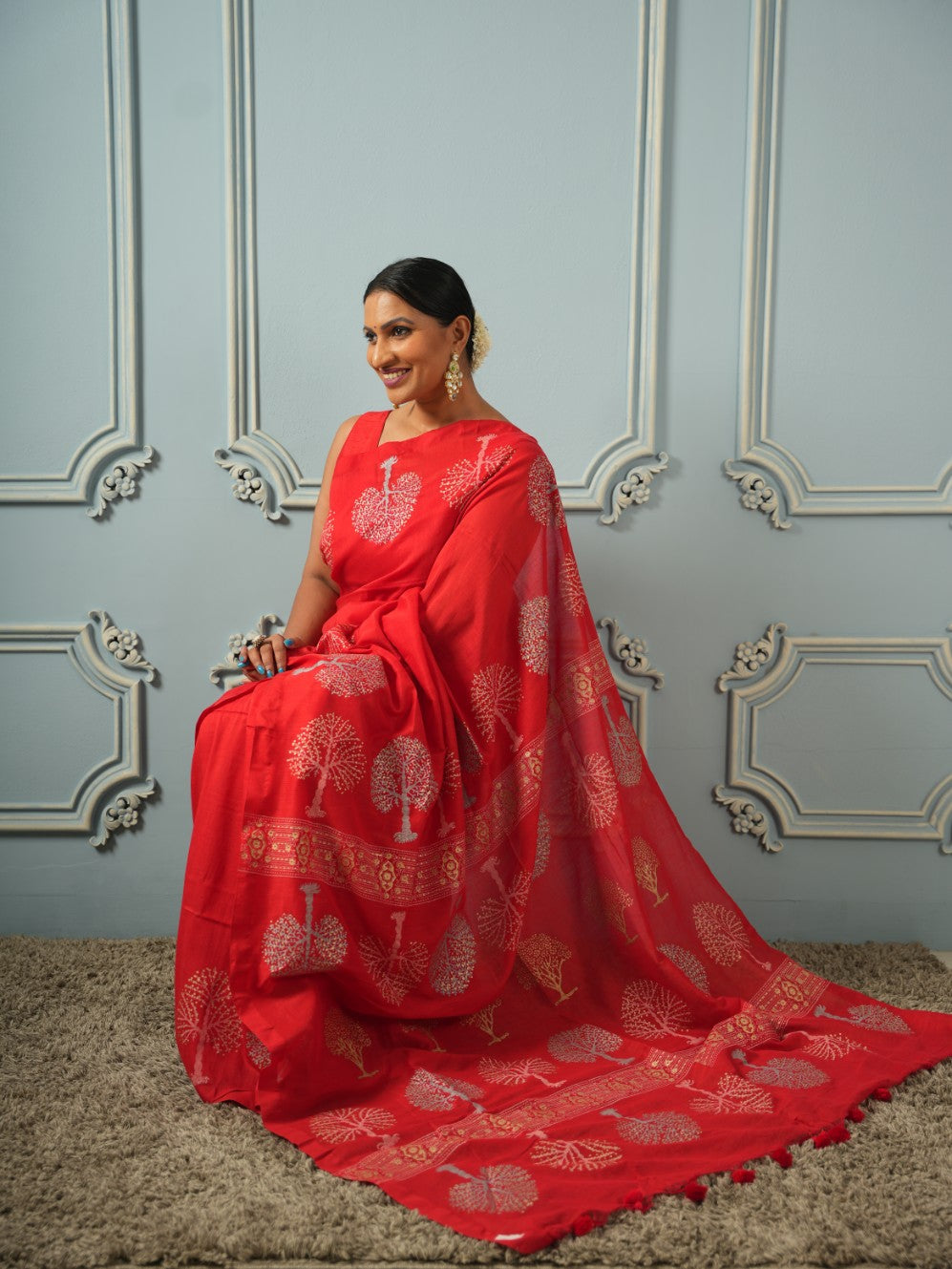 Red Tree of Life-Handblock Cotton Saree