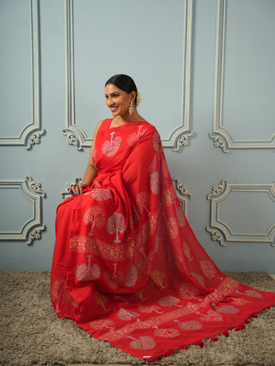 Red Tree of Life-Handblock Cotton Saree