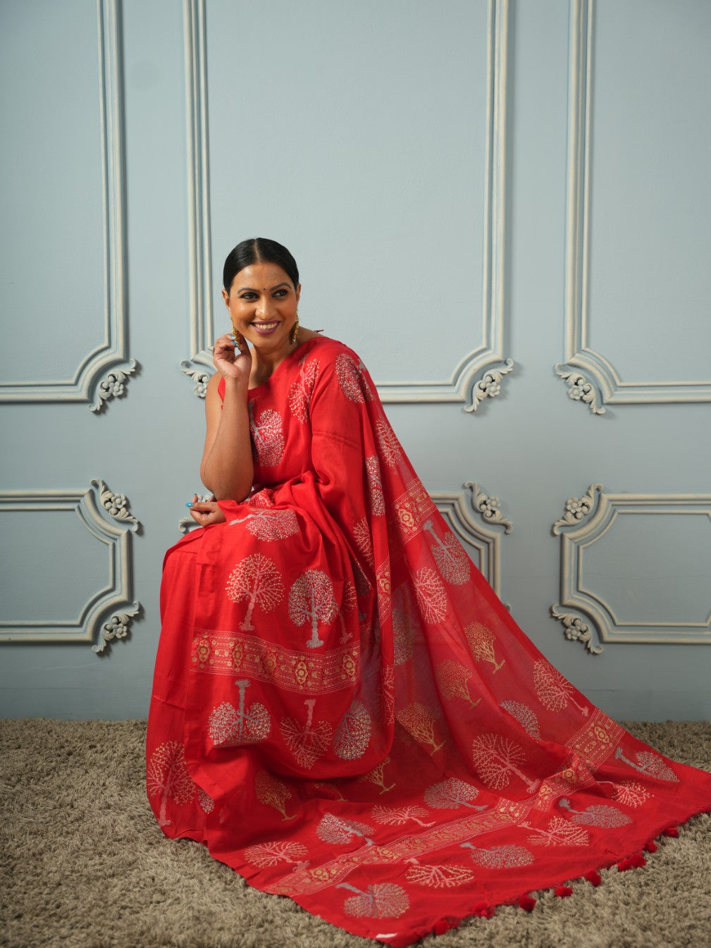 Red Tree of Life-Handblock Cotton Saree