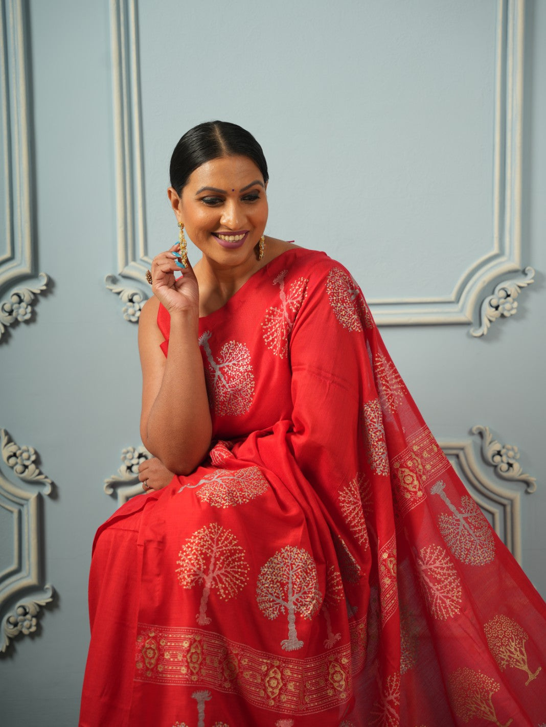 Red Tree of Life-Handblock Cotton Saree