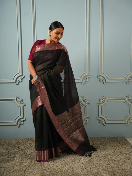Timeless in Black & Wine - Silk Cotton Saree