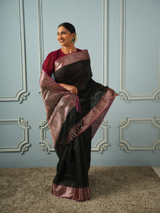 Timeless in Black & Wine - Silk Cotton Saree
