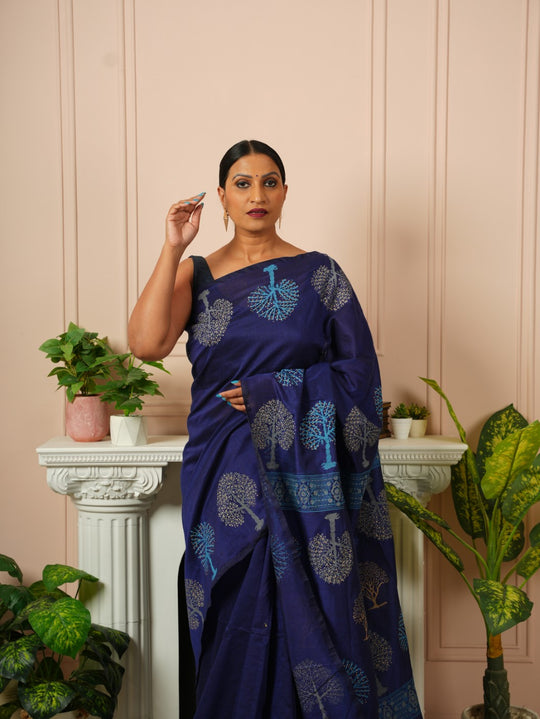 Tree of Life- Dark Blue HandBlock Cotton Saree