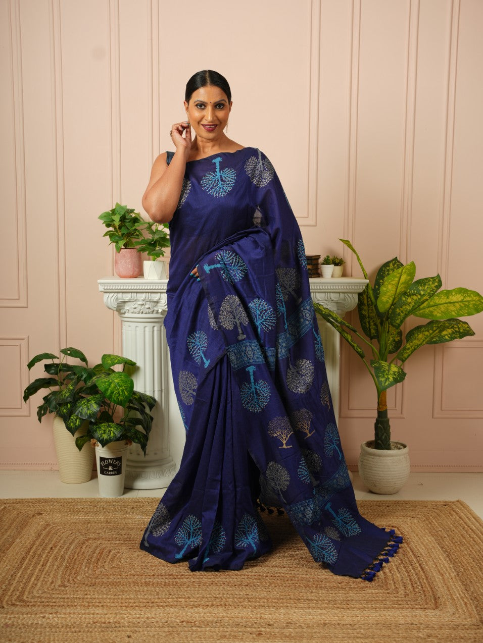 Tree of Life- Dark Blue HandBlock Cotton Saree