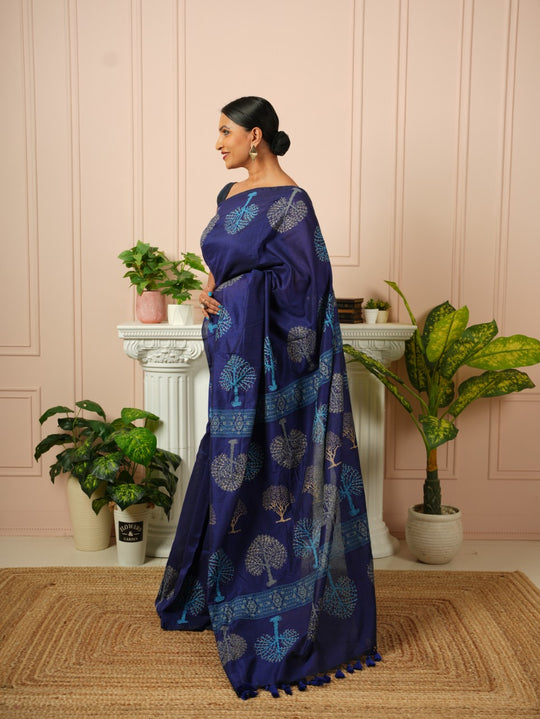 Tree of Life- Dark Blue HandBlock Cotton Saree