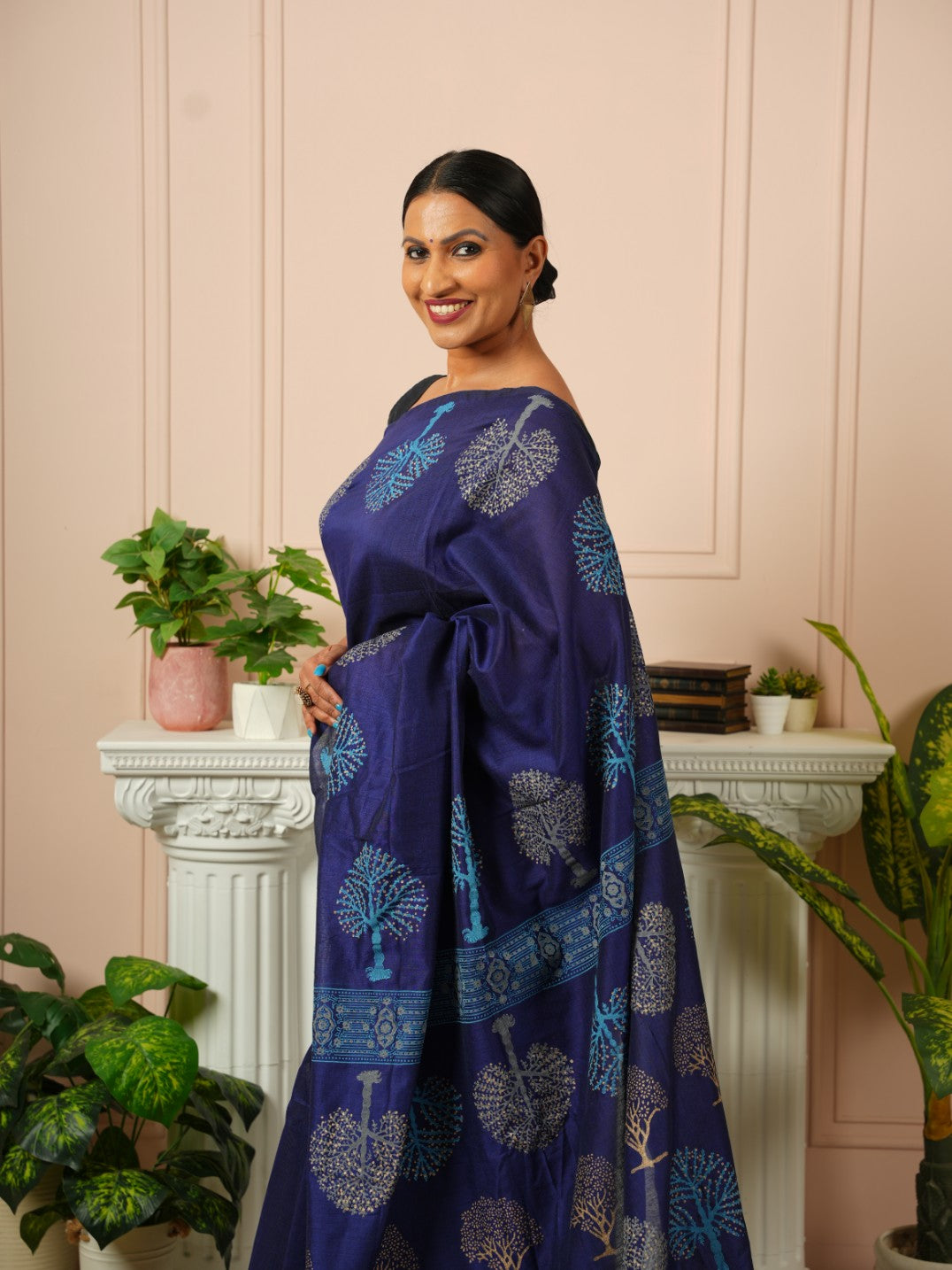 Tree of Life- Dark Blue HandBlock Cotton Saree
