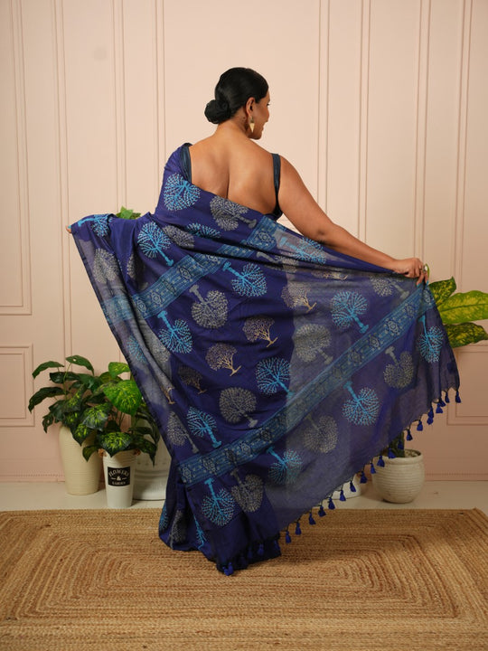 Tree of Life- Dark Blue HandBlock Cotton Saree