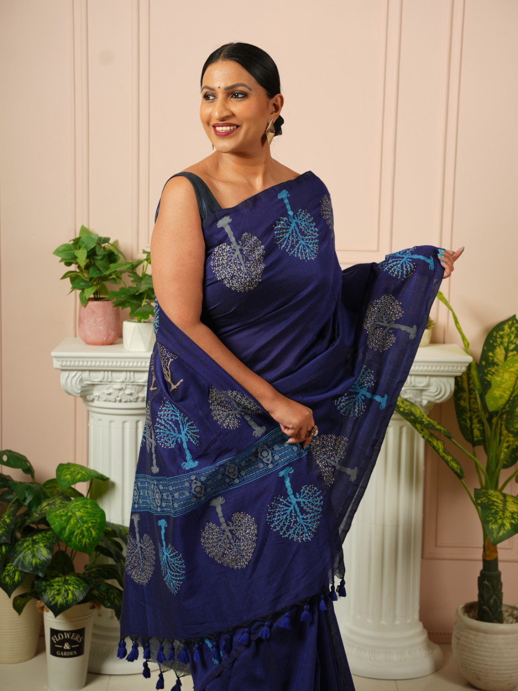 Tree of Life- Dark Blue HandBlock Cotton Saree