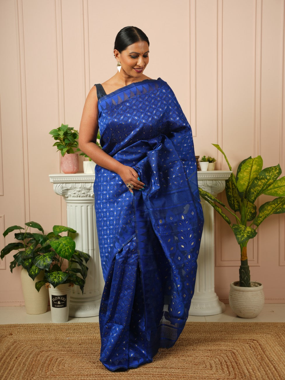 Nyra - Dark Blue Cotton Jamdani Saree
