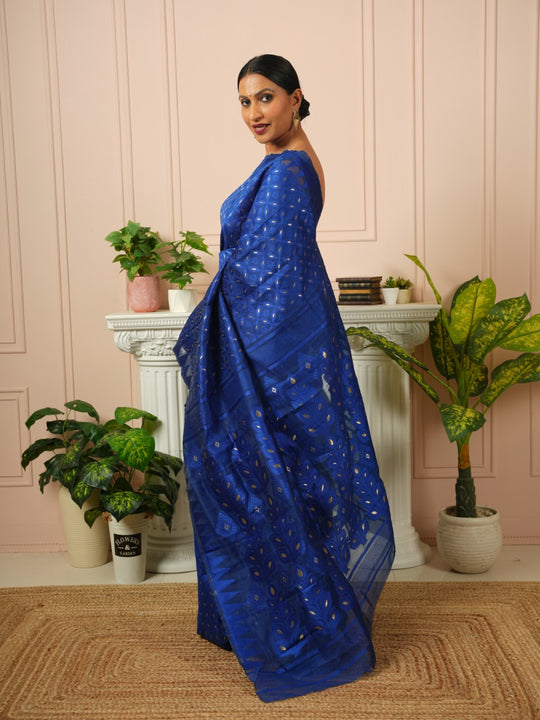 Nyra - Dark Blue Cotton Jamdani Saree