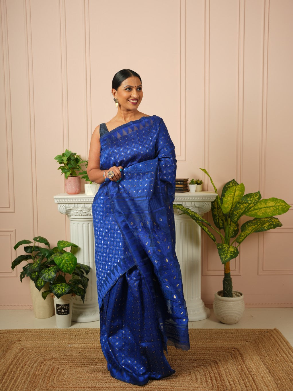 Nyra - Dark Blue Cotton Jamdani Saree