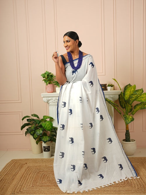 GajaGamini-Indigo Hand Block Elephant Print Cotton Saree