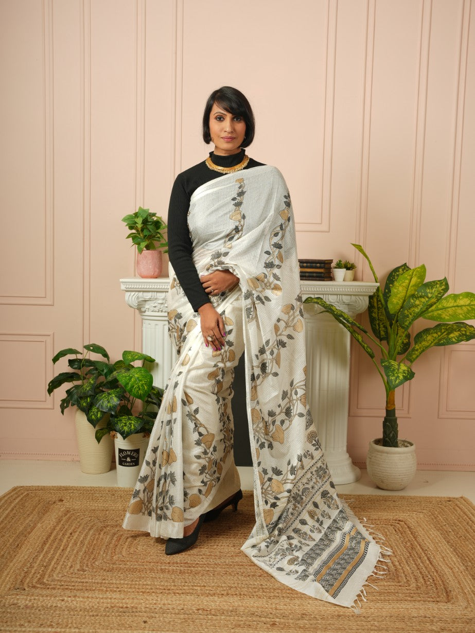 Raya - Printed White Silk Cotton Saree