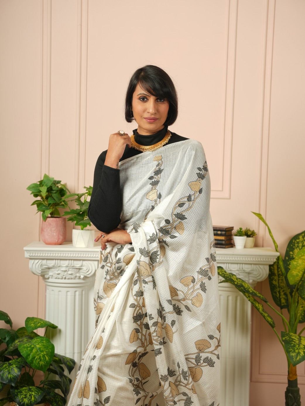 Raya - Printed White Silk Cotton Saree