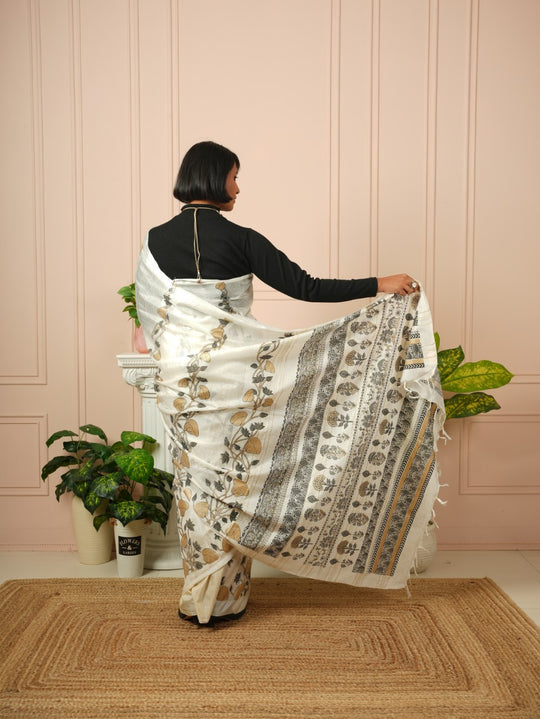 Raya - Printed White Silk Cotton Saree