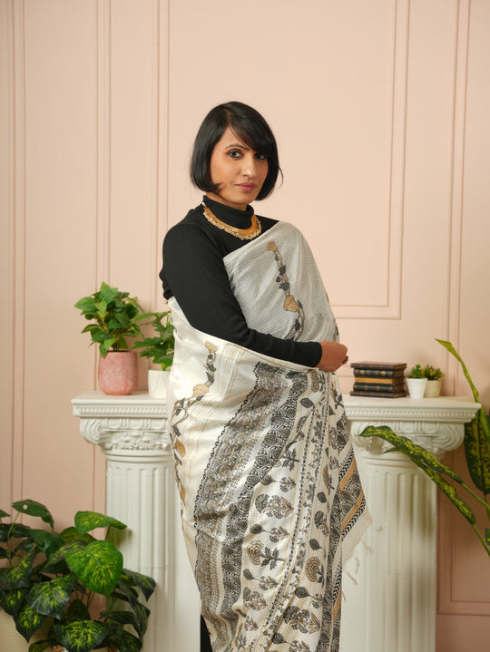 Raya - Printed White Silk Cotton Saree