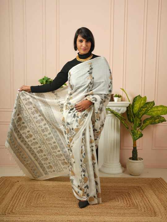 Raya - Printed White Silk Cotton Saree