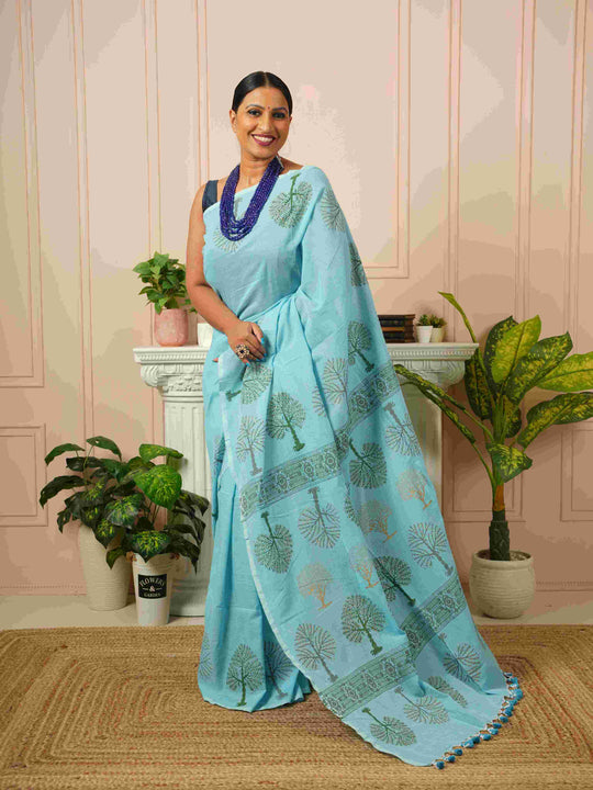 Sky Blue Tree of Life- Handblock Cotton Saree