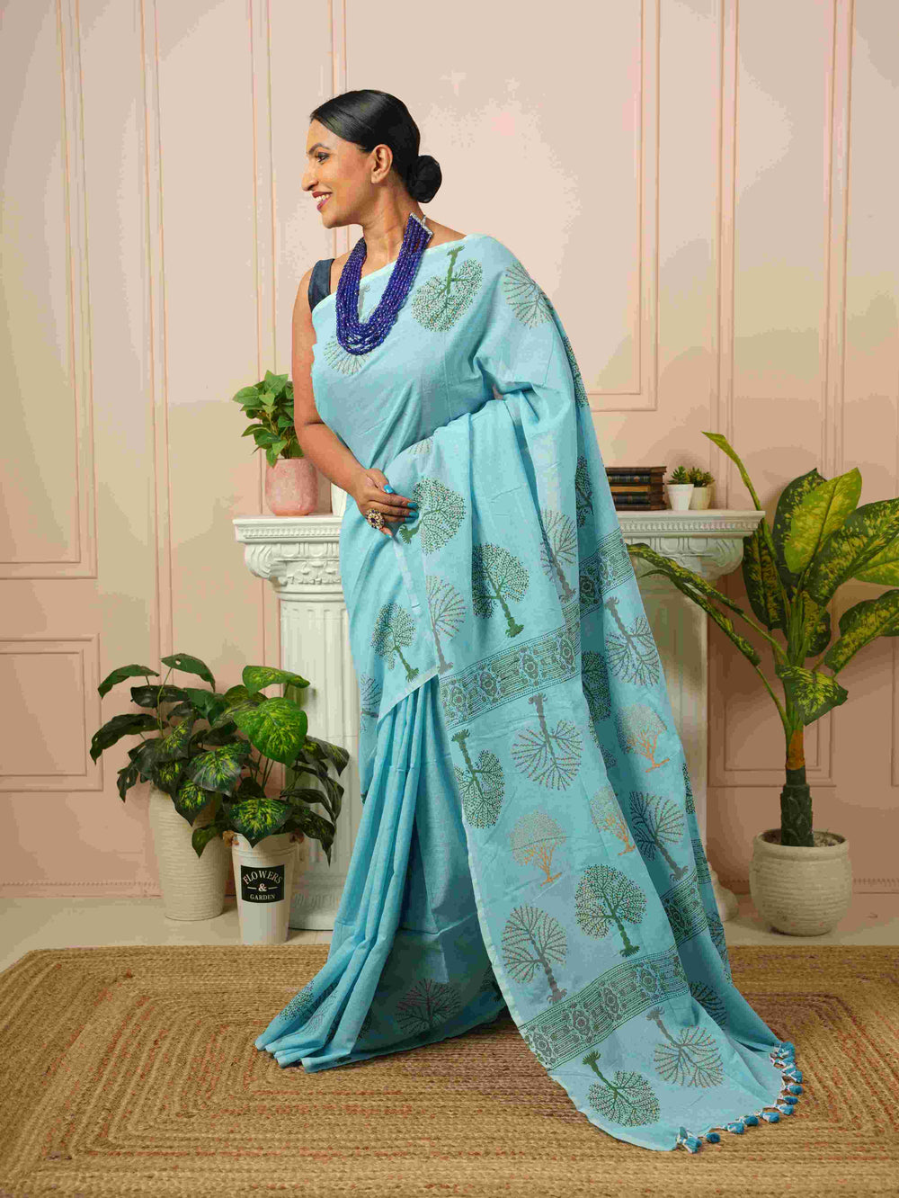 Sky Blue Tree of Life- Handblock Cotton Saree
