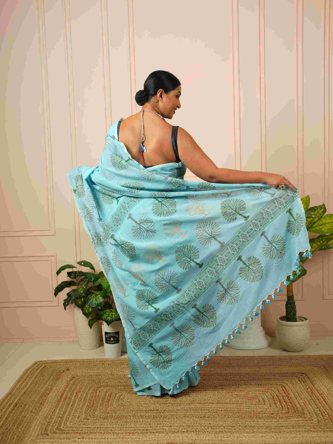 Sky Blue Tree of Life- Handblock Cotton Saree