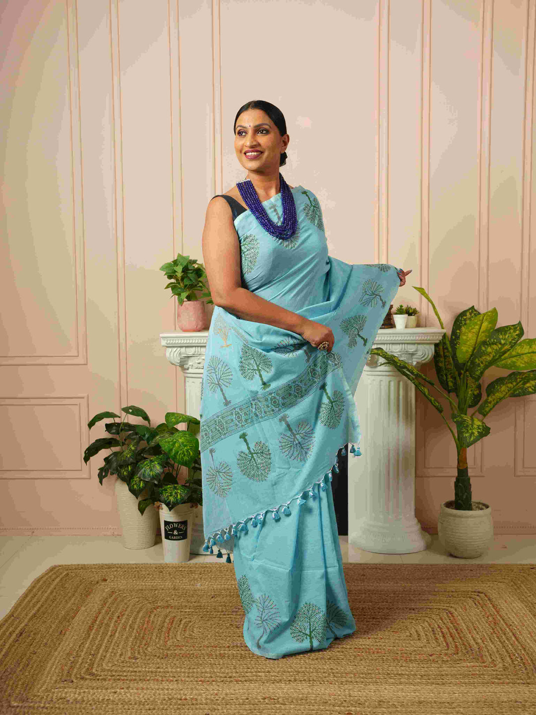 Sky Blue Tree of Life- Handblock Cotton Saree