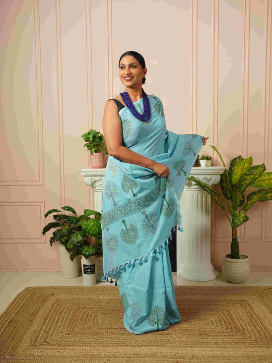 Sky Blue Tree of Life- Handblock Cotton Saree