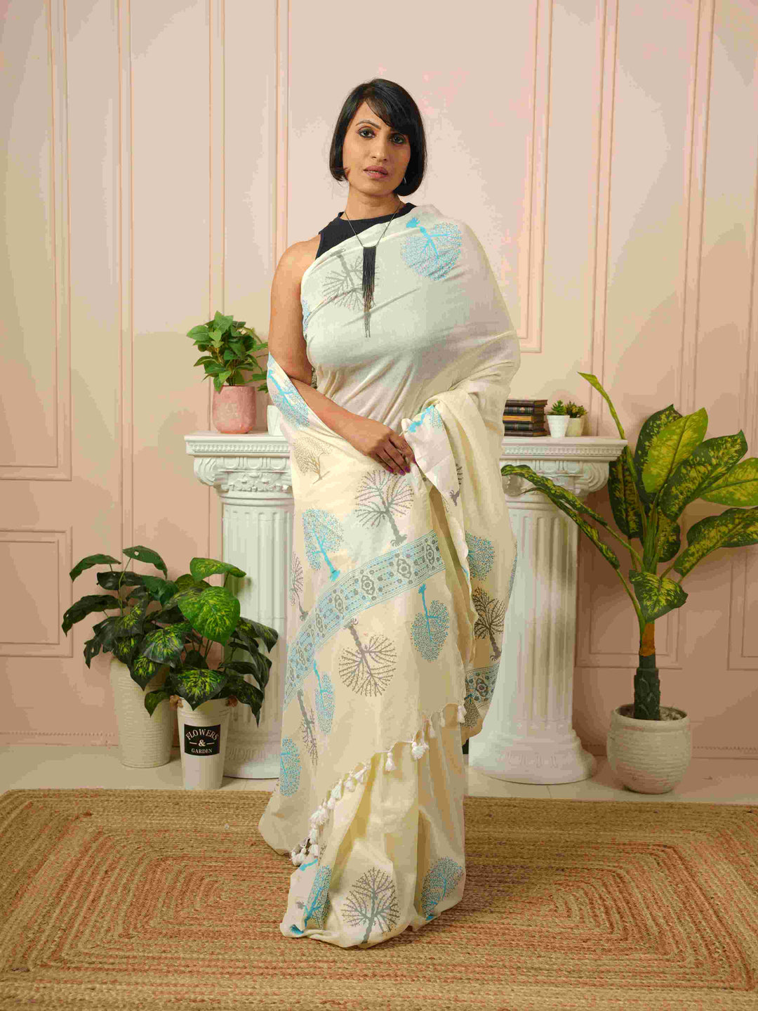 Tree of Life- Off White HandBlock Cotton Saree