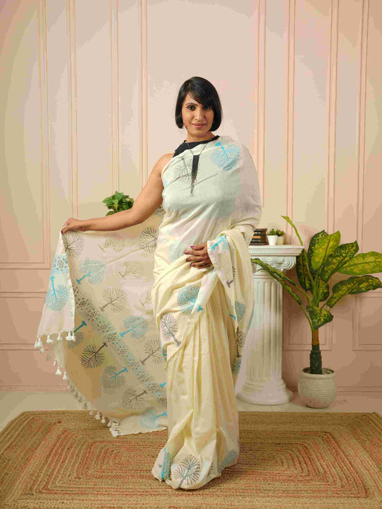Tree of Life- Off White HandBlock Cotton Saree
