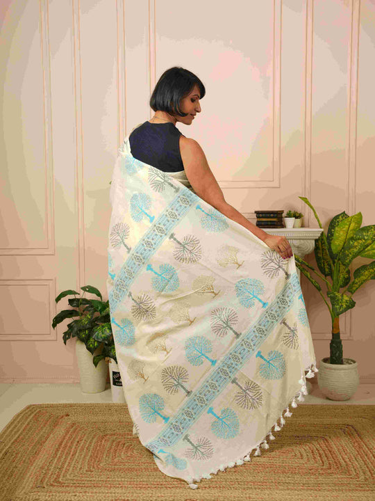Tree of Life- Off White HandBlock Cotton Saree