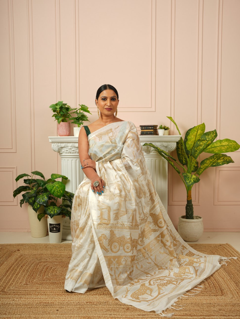Amrita - Nandi Gold Printed Off White Silk Cotton Saree