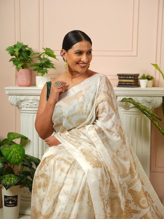 Amrita - Nandi Gold Printed Off White Silk Cotton Saree