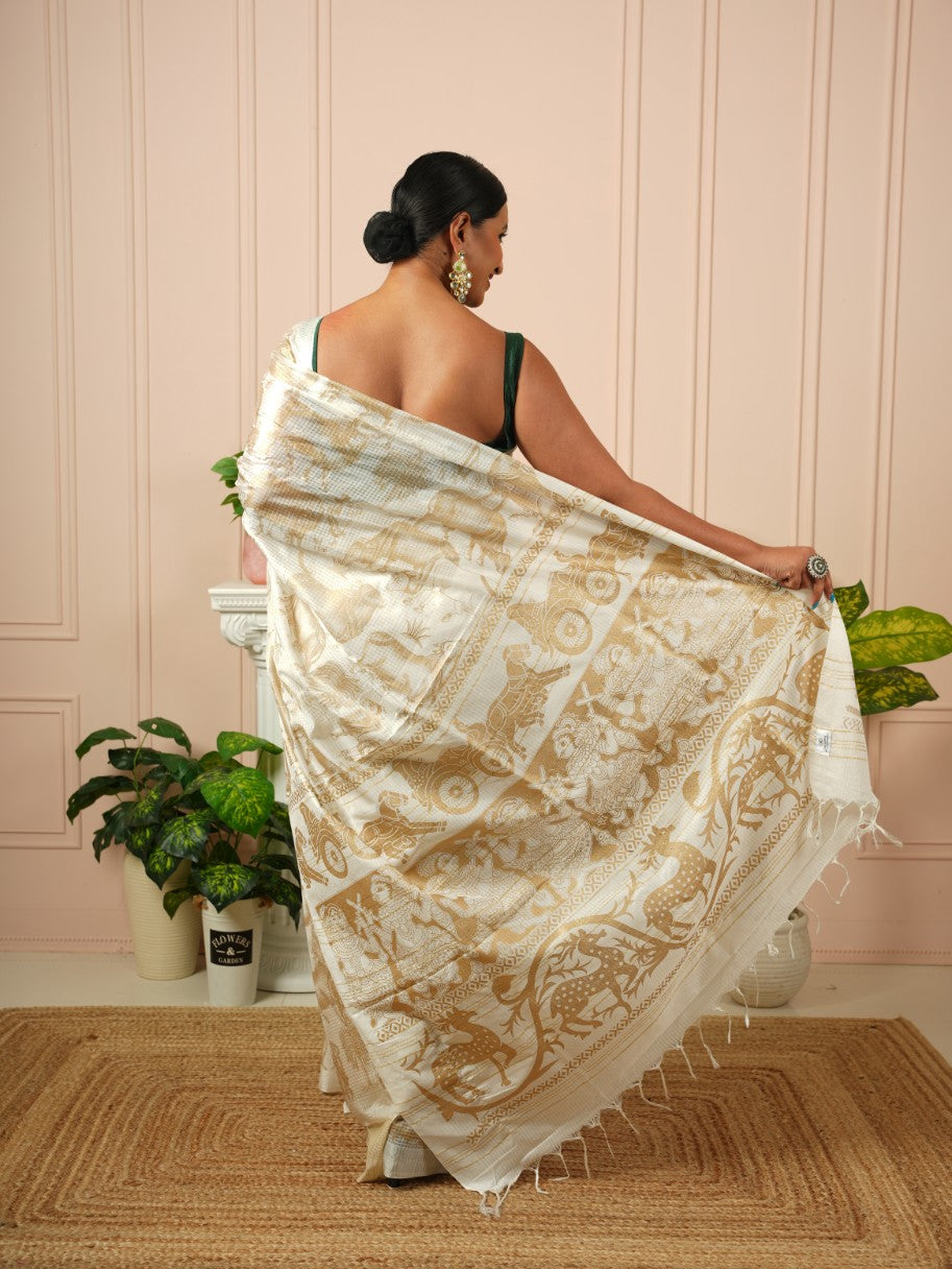 Amrita - Nandi Gold Printed Off White Silk Cotton Saree