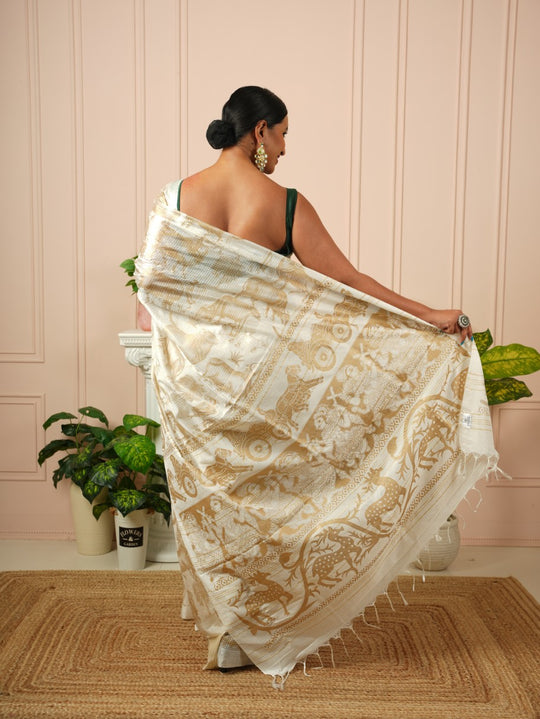 Amrita - Nandi Gold Printed Off White Silk Cotton Saree