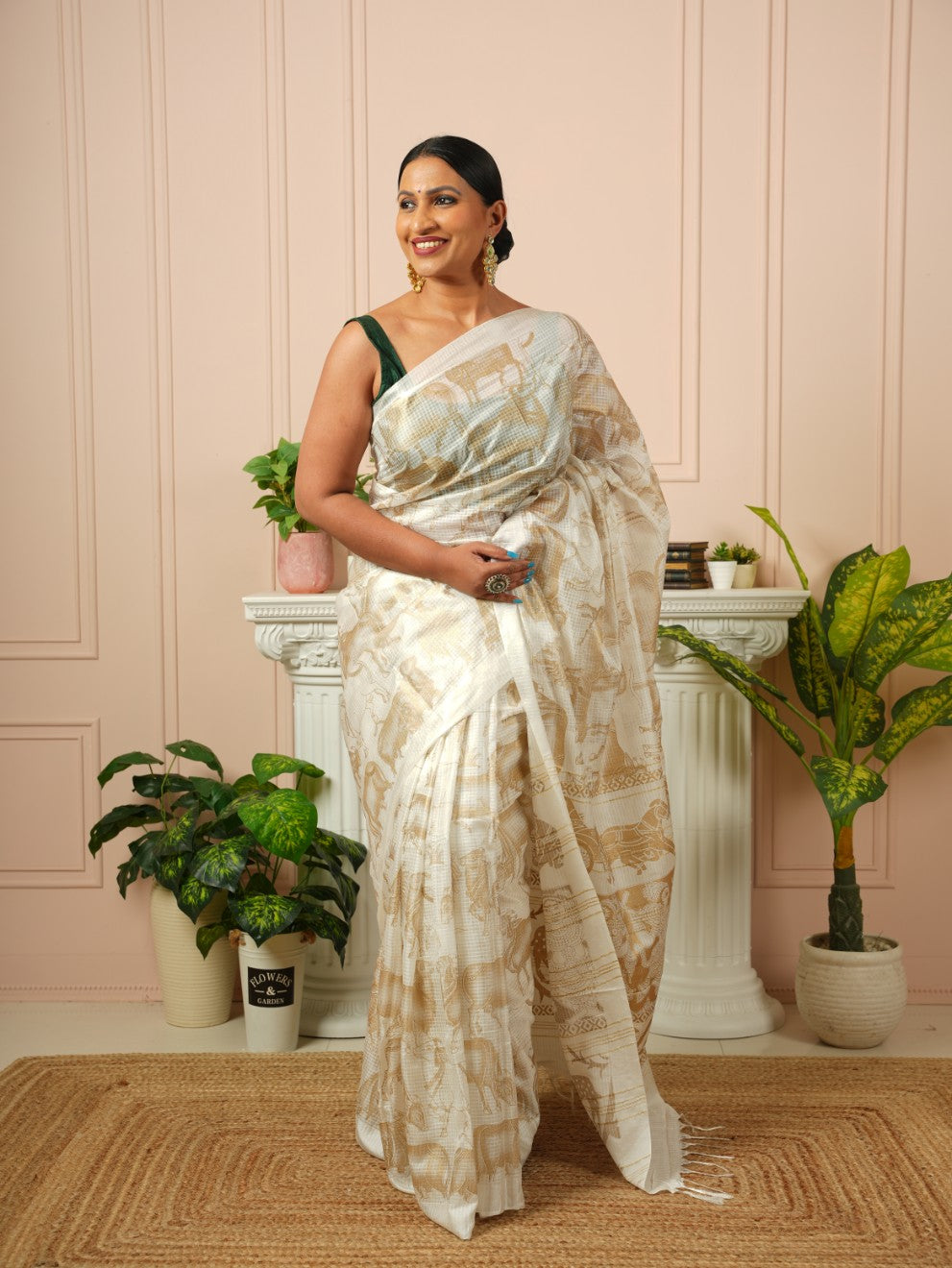 Amrita - Nandi Gold Printed Off White Silk Cotton Saree