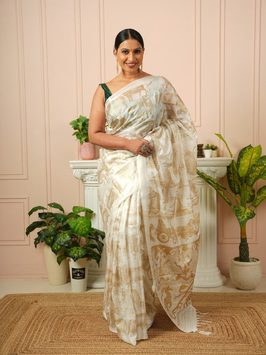 Amrita - Nandi Gold Printed Off White Silk Cotton Saree