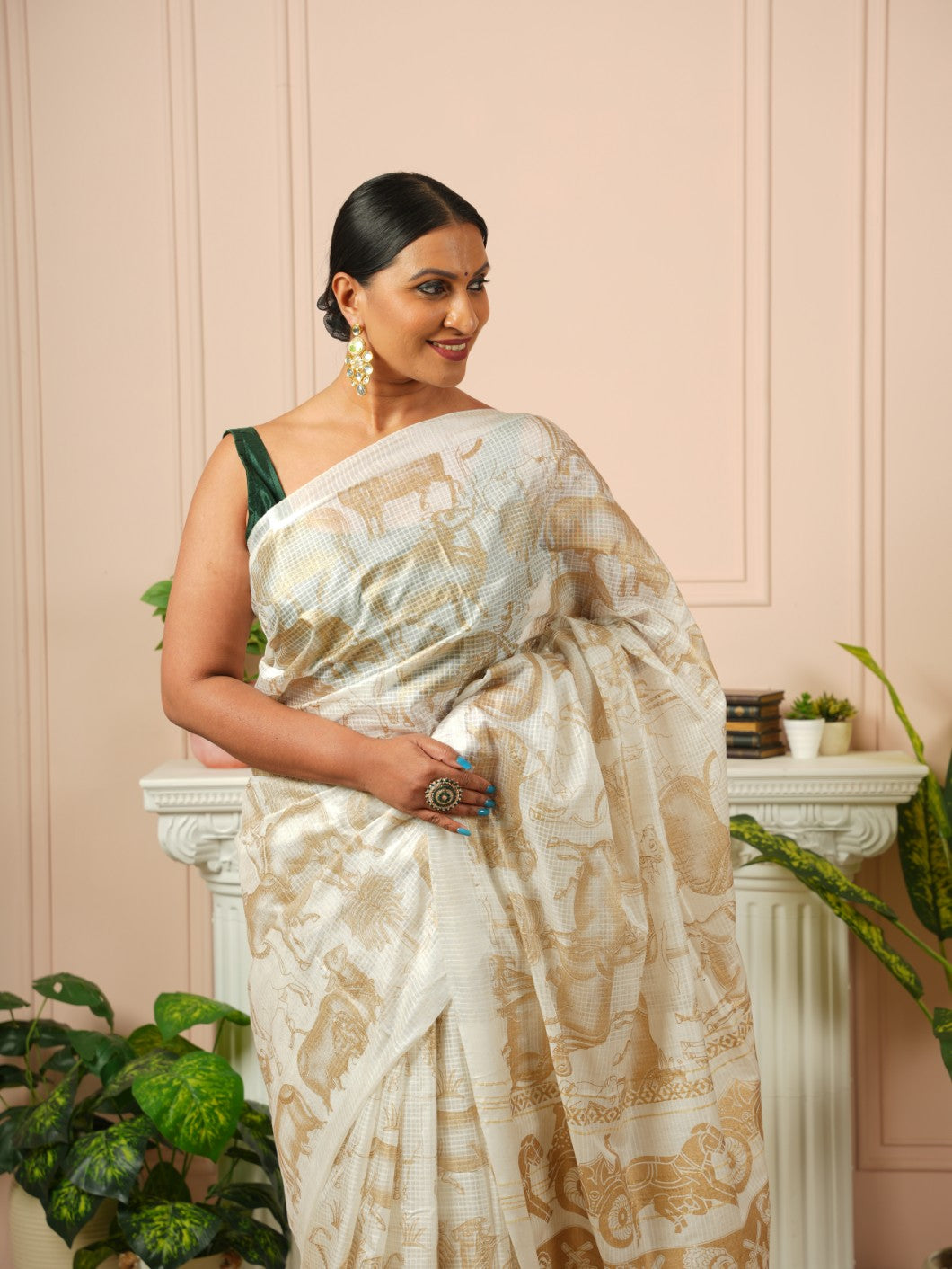Amrita - Nandi Gold Printed Off White Silk Cotton Saree
