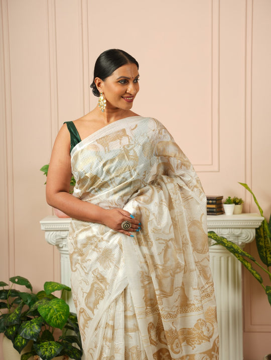Amrita - Nandi Gold Printed Off White Silk Cotton Saree