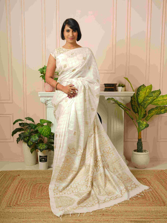 Iraavati- Elephant Printed White Silk Cotton Saree