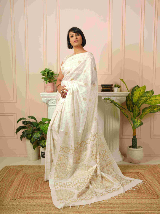 Iraavati- Elephant Printed White Silk Cotton Saree