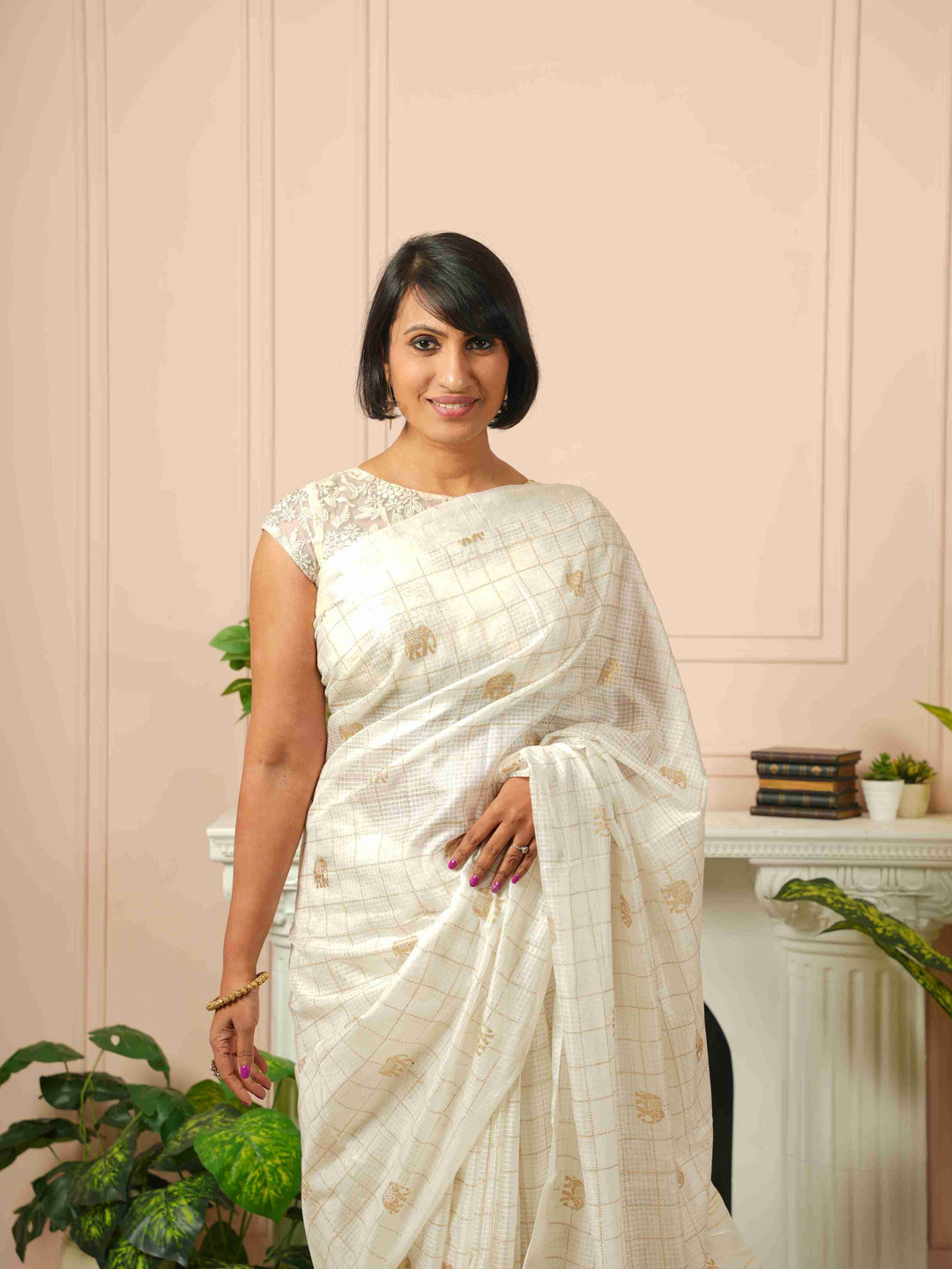 Iraavati- Elephant Printed White Silk Cotton Saree