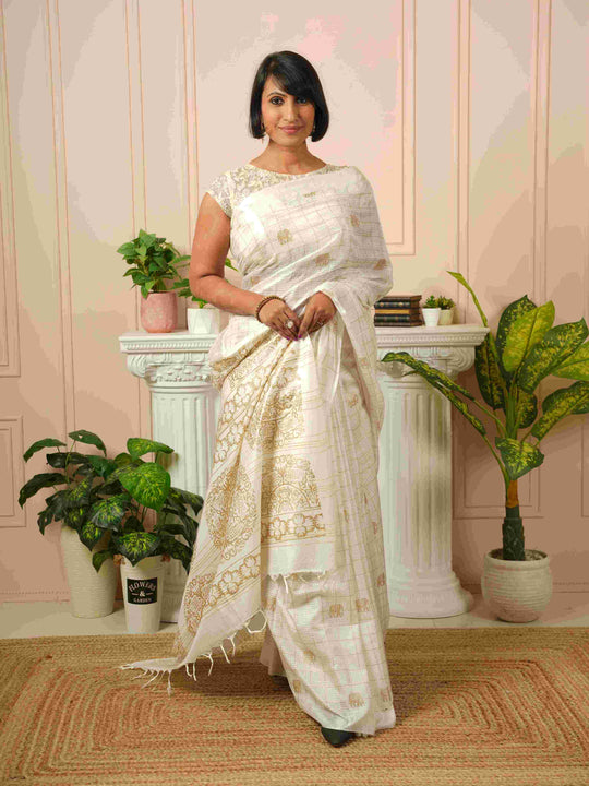 Iraavati- Elephant Printed White Silk Cotton Saree