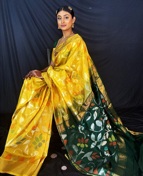 EkaParnika - PRE ORDER Yellow Handwoven Jamdani Silk Saree