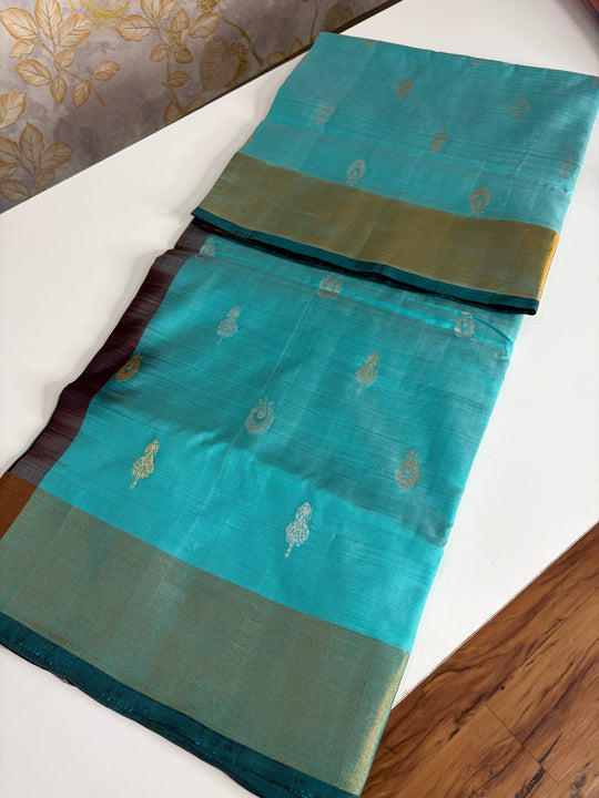 Sea Blue & Chocolate Saree- Handwoven Uppada Silk Saree