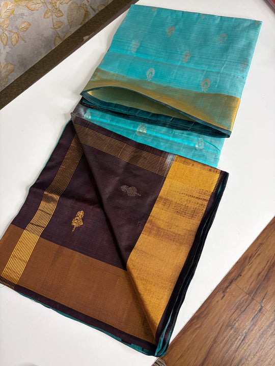 Sea Blue & Chocolate Saree- Handwoven Uppada Silk Saree