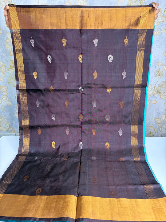 Sea Blue & Chocolate Saree- Handwoven Uppada Silk Saree